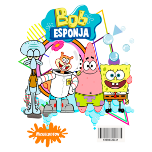 Personagens principais da série Bob Esponja, incluindo Bob Esponja, Patrick, Sandy e Squidward, em um fundo colorido com bolhas. Ideal para fãs de animação e produtos da Nickelodeon.