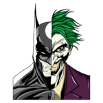 Imagem dividida mostrando os rostos do Batman e do Coringa, simbolizando a eterna batalha entre o herói e o vilão. Batman à esquerda, com seu traje escuro e expressão séria, e Coringa à direita, com cabelo verde e sorriso maligno. Ilustração vibrante e icônica do universo dos quadrinhos.