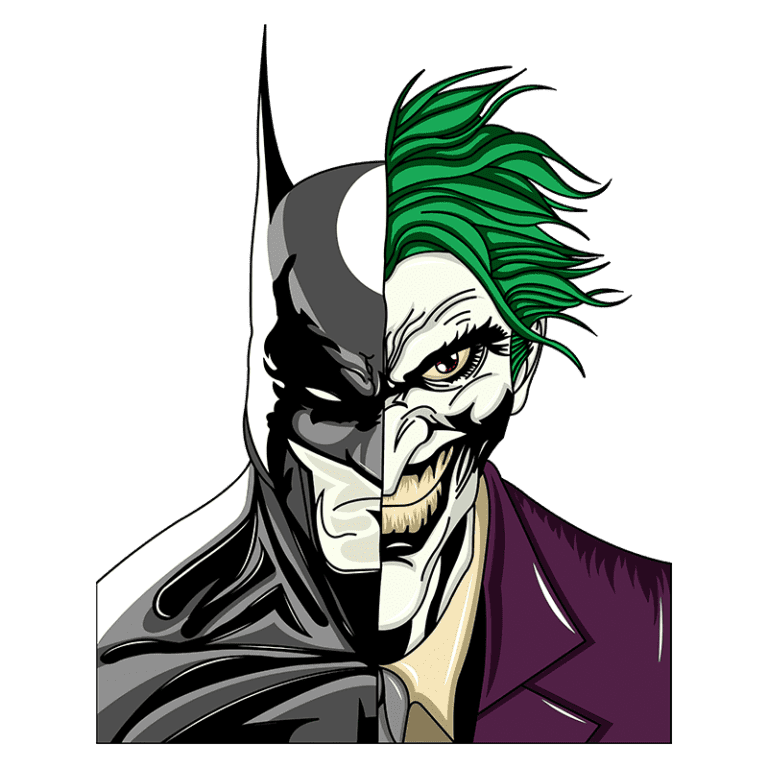 Imagem dividida mostrando os rostos do Batman e do Coringa, simbolizando a eterna batalha entre o herói e o vilão. Batman à esquerda, com seu traje escuro e expressão séria, e Coringa à direita, com cabelo verde e sorriso maligno. Ilustração vibrante e icônica do universo dos quadrinhos.