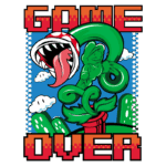 Ilustração colorida com a frase "GAME OVER", apresentando uma planta carnívora com uma língua longa e um personagem verde em cima dela, em um fundo azul com nuvens e elementos de um jogo de plataforma.