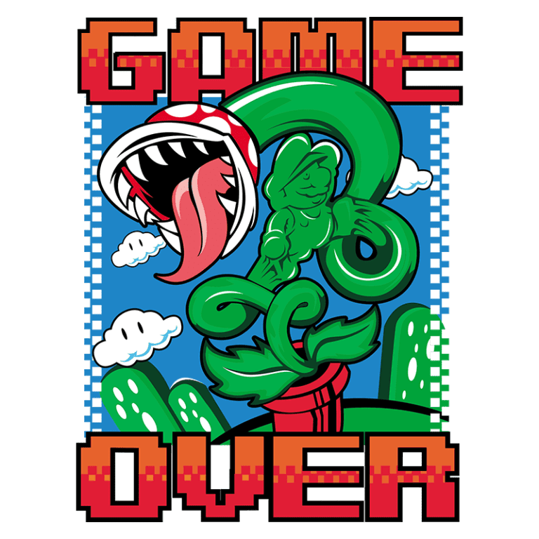 Ilustração colorida com a frase "GAME OVER", apresentando uma planta carnívora com uma língua longa e um personagem verde em cima dela, em um fundo azul com nuvens e elementos de um jogo de plataforma.