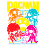 Desenho inspirado no Pac-Man com caveiras coloridas em vermelho, laranja, azul e rosa, e um emoticon triste amarelo ao centro, representando um estilo gráfico moderno e retro do jogo.