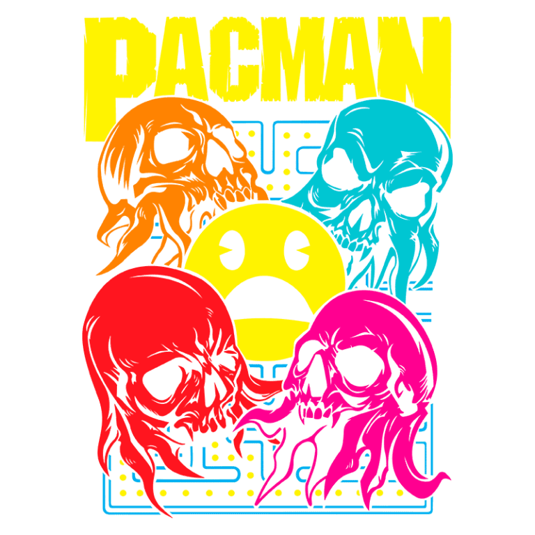 Desenho inspirado no Pac-Man com caveiras coloridas em vermelho, laranja, azul e rosa, e um emoticon triste amarelo ao centro, representando um estilo gráfico moderno e retro do jogo.