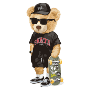 Urso estilizado com óculos escuros e boné, vestindo camiseta preta com a palavra "SKATE" e shorts, segurando um skate decorado. Ideal para temas de moda urbana e cultura de skate.