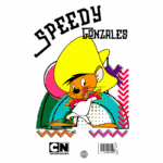 Imagem colorida do personagem Speedy Gonzales, um rato animado conhecido por sua velocidade, usando um grande chapéu amarelo e uma camisa branca. O fundo apresenta formas geométricas e cores vibrantes, destacando o estilo característico dos desenhos animados. Logo da Cartoon Network na parte inferior.
