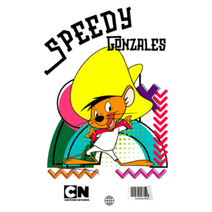 Imagem colorida do personagem Speedy Gonzales, um rato animado conhecido por sua velocidade, usando um grande chapéu amarelo e uma camisa branca. O fundo apresenta formas geométricas e cores vibrantes, destacando o estilo característico dos desenhos animados. Logo da Cartoon Network na parte inferior.