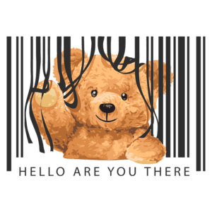 Ilustração de um ursinho de pelúcia acenando, com um fundo de código de barras e a frase "HELLO ARE YOU THERE". Design divertido e amigável, ideal para produtos infantis ou campanhas de marketing relacionadas a brinquedos.