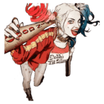 Imagem da personagem Harley Quinn, famosa por sua aparência ousada, segurando um bastão com a palavra "POW!" em um fundo verde. Ela veste uma camiseta com a frase "Daddy's Lil Monster" e um vestido vermelho, destacando seu estilo único e vibrante.