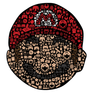 Ilustração artística do rosto de Mario, formada por ícones e elementos icônicos dos jogos, como controles, estrelas, moedas e plantas, representando a cultura dos videogames.
