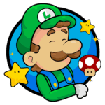 Personagem Luigi, da franquia Super Mario, sorrindo e segurando um cogumelo, rodeado por estrelas brilhantes em um fundo azul.