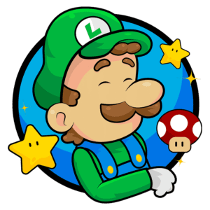 Personagem Luigi, da franquia Super Mario, sorrindo e segurando um cogumelo, rodeado por estrelas brilhantes em um fundo azul.