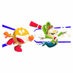 Pac-Man e Luigi em uma cena divertida, com Pac-Man sorridente lançando bolhas enquanto Luigi, assustado, tenta escapar. Fundo colorido com linhas azuis destacando a ação.