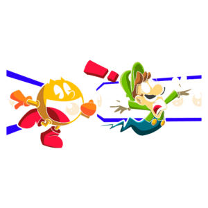 Pac-Man e Luigi em uma cena divertida, com Pac-Man sorridente lançando bolhas enquanto Luigi, assustado, tenta escapar. Fundo colorido com linhas azuis destacando a ação.