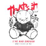 Urso de pelúcia estilizado com jaqueta de couro e spikes, apresentando a frase "That's it" em destaque. Design urbano e ousado, ideal para moda alternativa e cultura pop.