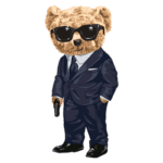 Ursinho estilizado em um terno preto, usando óculos escuros e segurando uma arma, com um fundo verde. Ideal para temas de moda, personagens divertidos ou ilustrações criativas.