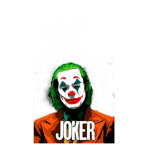Imagem do personagem Coringa com maquiagem característica, cabelo verde e traje laranja, acompanhada do texto "AWAKE AND UNAFRAID" e a palavra "JOKER" em destaque. Ideal para fãs de quadrinhos e cultura pop.