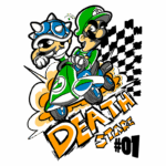 Ilustração de personagens de kart com um casco de tartaruga e um personagem em um kart verde, com explosões e a frase "DEATH STARE #01" em destaque.