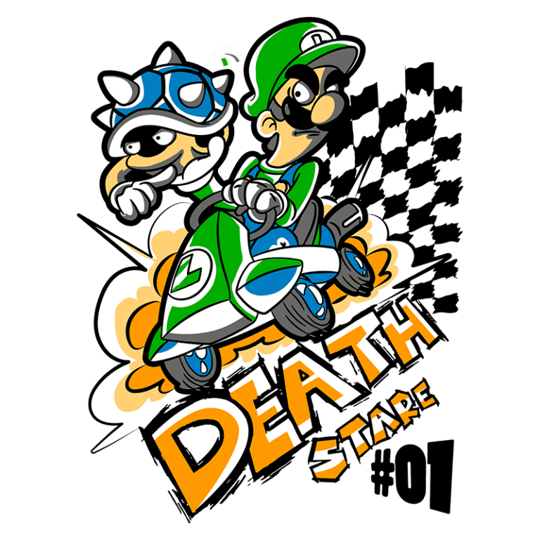 Ilustração de personagens de kart com um casco de tartaruga e um personagem em um kart verde, com explosões e a frase "DEATH STARE #01" em destaque.