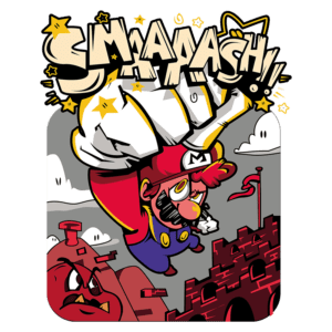 Mario usando um golpe poderoso em um fundo de nuvens e um castelo, acompanhado de estrelas e uma explosão na cena. Ilustração vibrante em estilo de quadrinhos.