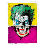 Imagem em estilo pop art do Coringa, com cabelo verde vibrante e rosto dividido, mostrando uma expressão maliciosa. O fundo é amarelo e rosa, destacando os detalhes do personagem icônico da cultura pop. Ideal para fãs de quadrinhos e artes gráficas.