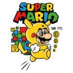 Imagem de Super Mario vestido de Pikachu, correndo em um cenário inspirado em jogos clássicos, com blocos questionáveis e moedas. O design inclui o texto "SUPER MARIO" e "100 PTS".