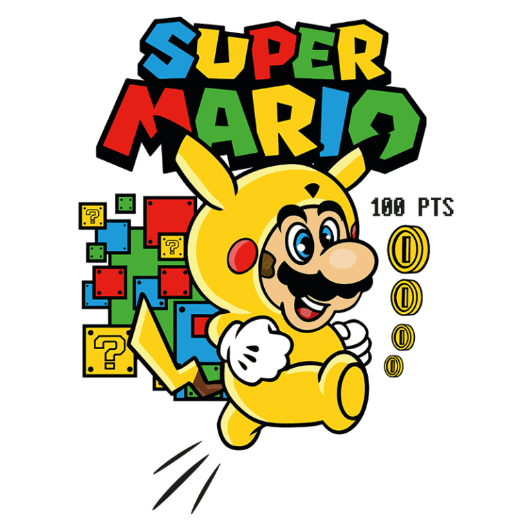 Imagem de Super Mario vestido de Pikachu, correndo em um cenário inspirado em jogos clássicos, com blocos questionáveis e moedas. O design inclui o texto "SUPER MARIO" e "100 PTS".