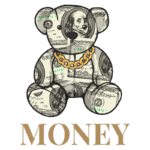 Urso de pelúcia estilizado com notas de dólar, usando um colar dourado, com a palavra "MONEY" em destaque abaixo. Ideal para representar riqueza e estilo.