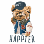 Ursinho estilizado usando óculos e fones de ouvido, vestindo uma jaqueta esportiva com a letra "B" e um boné, transmitindo uma mensagem de alegria e descontração. Descrição do design inclui a palavra "HAPPIER" em destaque.