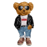 Ursinho estilizado usando jaqueta de couro preta, camiseta branca com a palavra "Hello!" em destaque, calça jeans e botas marrons, com óculos escuros. Ideal para produtos infantis ou decoração.