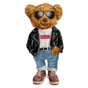 Ursinho estilizado usando jaqueta de couro preta, camiseta branca com a palavra "Hello!" em destaque, calça jeans e botas marrons, com óculos escuros. Ideal para produtos infantis ou decoração.
