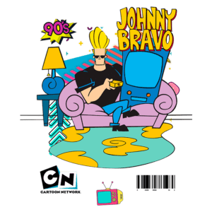 Johnny Bravo relaxando em um sofá rosa, segurando um controle remoto, com uma televisão ao seu lado. O fundo apresenta elementos coloridos dos anos 90, como um tapete estilizado e uma luminária. Logotipo do Cartoon Network na parte inferior.