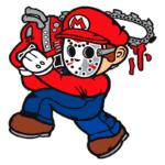 Ilustração de um personagem em estilo de desenho animado vestido de vermelho e azul, segurando uma serra elétrica e usando uma máscara de proteção. O personagem apresenta um visual inspirado em ícones de videogame, com um toque de humor e elementos de terror, destacando-se pela serra elétrica ensanguentada.
