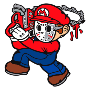 Ilustração de um personagem em estilo de desenho animado vestido de vermelho e azul, segurando uma serra elétrica e usando uma máscara de proteção. O personagem apresenta um visual inspirado em ícones de videogame, com um toque de humor e elementos de terror, destacando-se pela serra elétrica ensanguentada.