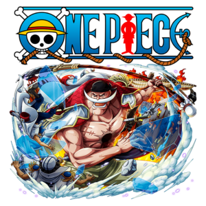 Imagem do anime One Piece, destacando um personagem musculoso em ação, cercado por água e elementos de combate, com o título "One Piece" em destaque no topo. A cena transmite uma sensação de aventura e dinamismo, típica da série.