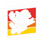 Ilustração de um personagem de videogame icônico, com estilo retrô, voando em um fundo colorido que remete aos anos 80, acompanhado do texto "MADE IN THE 80'S".