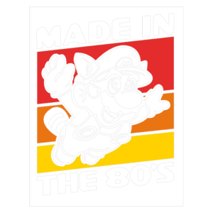 Ilustração de um personagem de videogame icônico, com estilo retrô, voando em um fundo colorido que remete aos anos 80, acompanhado do texto "MADE IN THE 80'S".