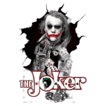 Imagem do Coringa, personagem icônico do universo DC, com maquiagem característica e expressão maliciosa, cercado por elementos de jogo como dados, fichas de cassino e garrafas de uísque, destacando a sua personalidade caótica e divertida.