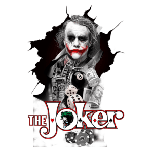 Imagem do Coringa, personagem icônico do universo DC, com maquiagem característica e expressão maliciosa, cercado por elementos de jogo como dados, fichas de cassino e garrafas de uísque, destacando a sua personalidade caótica e divertida.