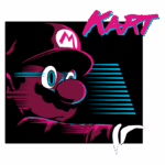 Ilustração estilizada do personagem Mario, famoso dos videogames, com foco em sua expressão pensativa e detalhes vibrantes. O design inclui elementos que remetem ao jogo Mario Kart, destacando a tipografia "KART" em cores neon.