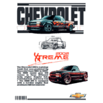 Imagem de uma Chevrolet S10 Xtreme 2002, uma picape estilizada com pintura em chamas. O design inclui um esboço técnico e informações sobre as opções de carroceria: Cabine Estendida e Cabine Dupla. O modelo é equipado com um motor de 2.2 litros, gerando 120 cavalos de potência.