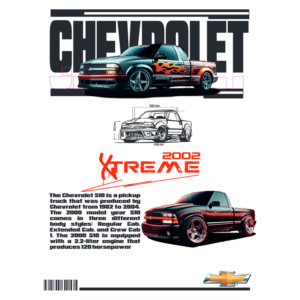 Imagem de uma Chevrolet S10 Xtreme 2002, uma picape estilizada com pintura em chamas. O design inclui um esboço técnico e informações sobre as opções de carroceria: Cabine Estendida e Cabine Dupla. O modelo é equipado com um motor de 2.2 litros, gerando 120 cavalos de potência.