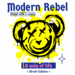 Ilustração de arte urbana com um rosto de urso estilizado em amarelo e preto, acompanhada do texto "Modern Rebel" e "Rebel with a cause". A imagem reflete a cultura de rua e um estilo de vida alternativo.