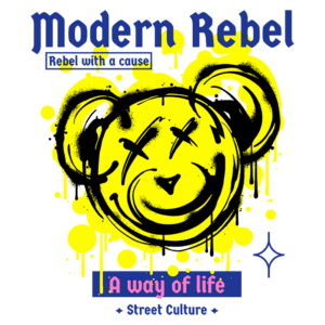 Ilustração de arte urbana com um rosto de urso estilizado em amarelo e preto, acompanhada do texto "Modern Rebel" e "Rebel with a cause". A imagem reflete a cultura de rua e um estilo de vida alternativo.