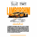 Imagem de um Lamborghini Aventador, destacando seu design aerodinâmico e especificações técnicas. A imagem inclui ilustrações laterais e frontal do carro, com texto informativo sobre sua inovação e desempenho no setor de superesportivos.