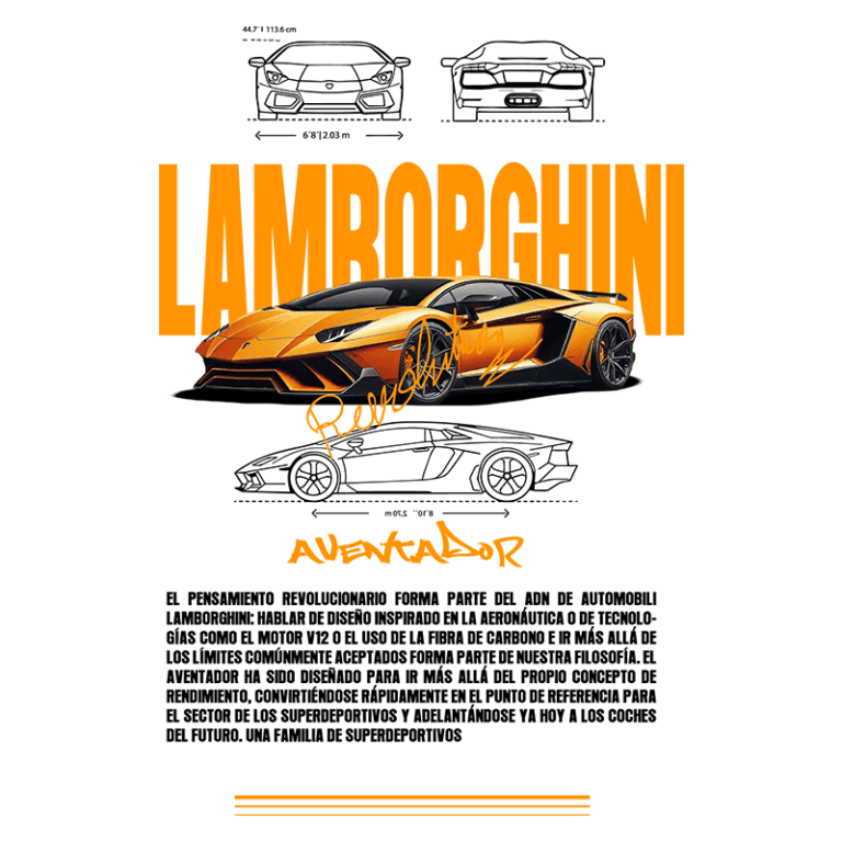 Imagem de um Lamborghini Aventador, destacando seu design aerodinâmico e especificações técnicas. A imagem inclui ilustrações laterais e frontal do carro, com texto informativo sobre sua inovação e desempenho no setor de superesportivos.