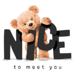Urso de pelúcia sorridente segurando a palavra "NICE" em letras grandes, com a frase "to meet you" abaixo, em um fundo verde. Ideal para transmitir uma mensagem amigável e acolhedora.