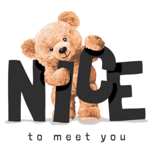 Urso de pelúcia sorridente segurando a palavra "NICE" em letras grandes, com a frase "to meet you" abaixo, em um fundo verde. Ideal para transmitir uma mensagem amigável e acolhedora.