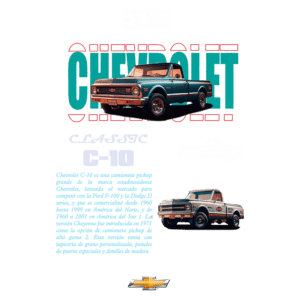 Imagem de uma caminhonete Chevrolet C-10, modelo clássico, destacando seu design icônico e detalhes que refletem a história da marca. O fundo apresenta a logo "Chevrolet" em cores vibrantes, com elementos gráficos relacionados ao modelo. Essa picape é reconhecida por sua robustez e estilo vintage, popular entre colecionadores e entusiastas de automóveis.