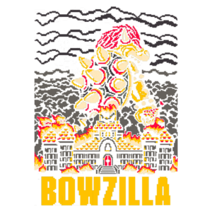 Imagem de um personagem inspirado em jogos de vídeo game, com uma criatura semelhante a um dragão gigante, chamada "Bowzilla", atacando uma cidade em chamas. O fundo é escuro com nuvens, e o nome "BOWZILLA" está destacado na parte inferior, em letras amarelas.