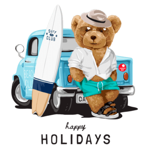 Urso estilizado com roupas de praia, óculos de sol e chapéu, posando ao lado de uma caminhonete azul com uma prancha de surf. A imagem transmite uma vibe de férias e verão, com a frase "happy HOLIDAYS" em destaque.